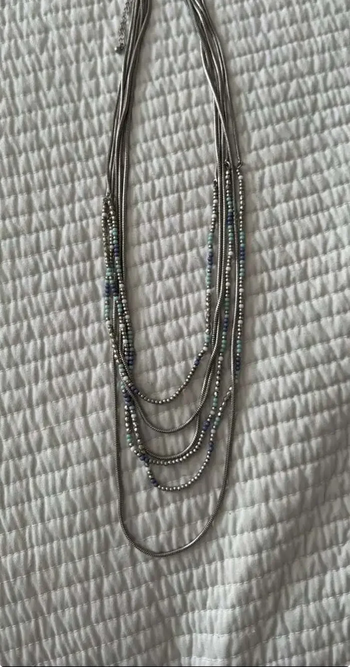 Premier Designs Multi-Strand Silver-Tone Necklace with Aqua, Blue, and White See